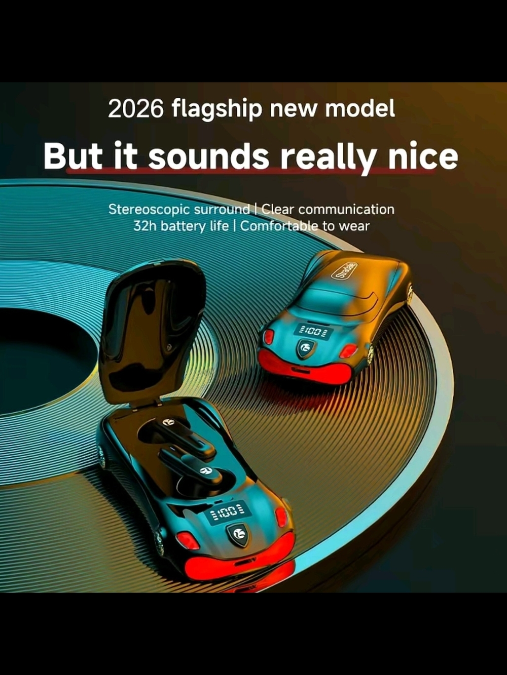 Wireless Car-Shaped Earbuds with Charging Case - Black & Red